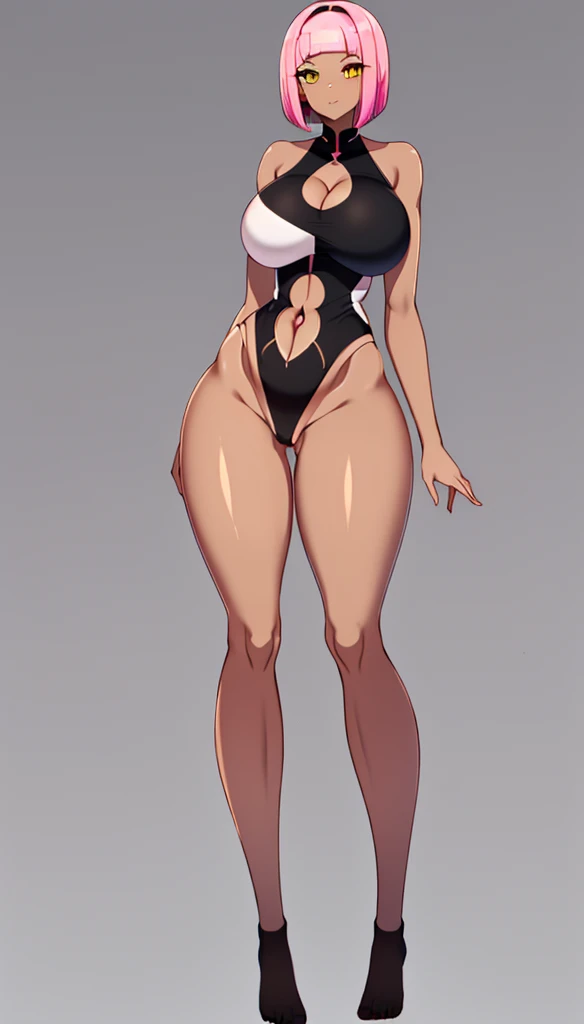 pink hair, (short bangs hair:1.36), yellow eyes, wide hips, narrow waist, depth of field, 1girl, (on a   background:1.3), (full body:1.4), pose, big breasts, wide hips, athletic thicc perfect hourglass figure, ((thigh cutout:1.3):1.2), (((dark skin))), sed...