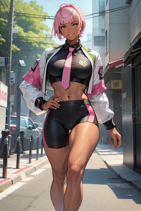 pink hair, (short bangs hair:1.36). Alafe Street Fighter、Metallic Lime Green and Metallic Black Martial Arts Uniform、Big breasts about to burst、Shirt with metallic white breast pocketreasts pocket、neck tie、thin and long legs,、Pose ready to fight、Fitness Mo...