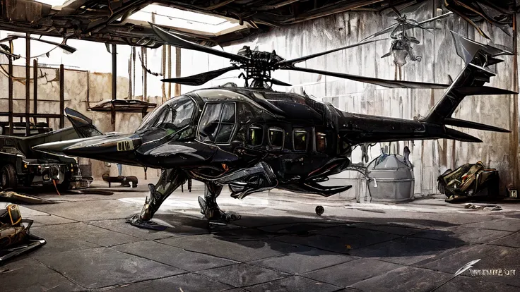 extremely detailed background of military base, HD, photorealistic, masterpiece, digital art, CGI, liquid metal nanomachine ooze coating, male human helicopter aeromorph hybridization transformation, inside military compound, cyberpunk, vehicle transformat...