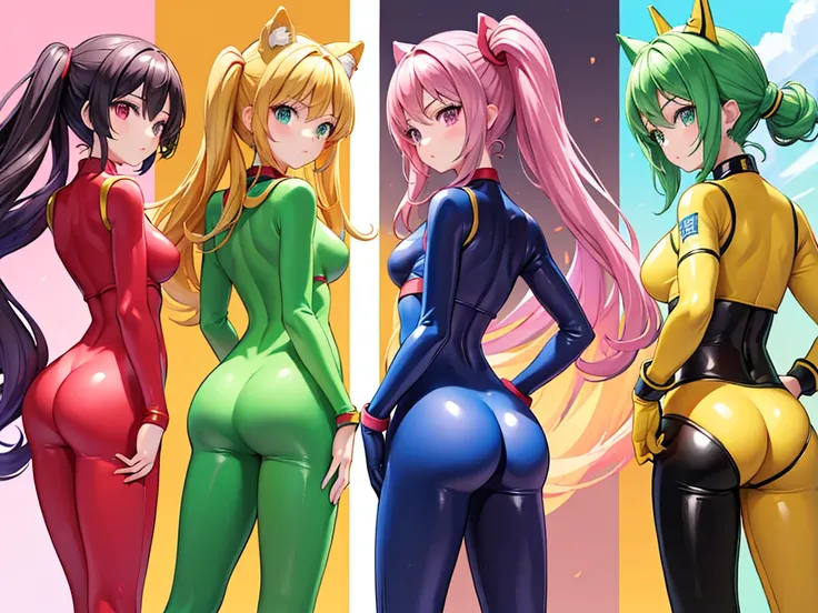 (Cute hips,  ass to ass, side by side, focus ass, close contact girls:1.5, closeup ass, ultra close distance ass shot:1.5, hero rubber suits, heroine rubber suits, clothing ),  (Back shot, from behind),  Outrageous resolution、hight resolution、(​masterpiece...