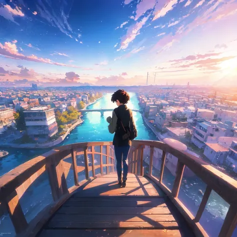 Cartoon scene of people standing on river bridge, Chinese anime scene, Chinese city, Japan Art Style, inspired by Makoto Shinkai, Makoto Shinkais style, beautiful anime scenes, makoto shinkai cyril rolando, in Makoto Shinkais style, concept-art, Anime art ...