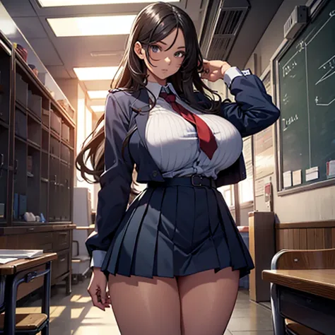 girl in a school uniform with huge breasts and also unimaginably large thighs