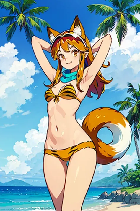 lum, masutepiece,hight resolution, animal_ears, tail, 1girl, Swimsuit, bikini of, coconut palms_tree, Fox_tail, Shorts, Fox_ears, scarf, Striped_bikini of, tree, Open_Mouth, Smile, Front Tie_Top, Striped, Front Tie_bikini of, animal_ear_fluff, Solo, brown_...