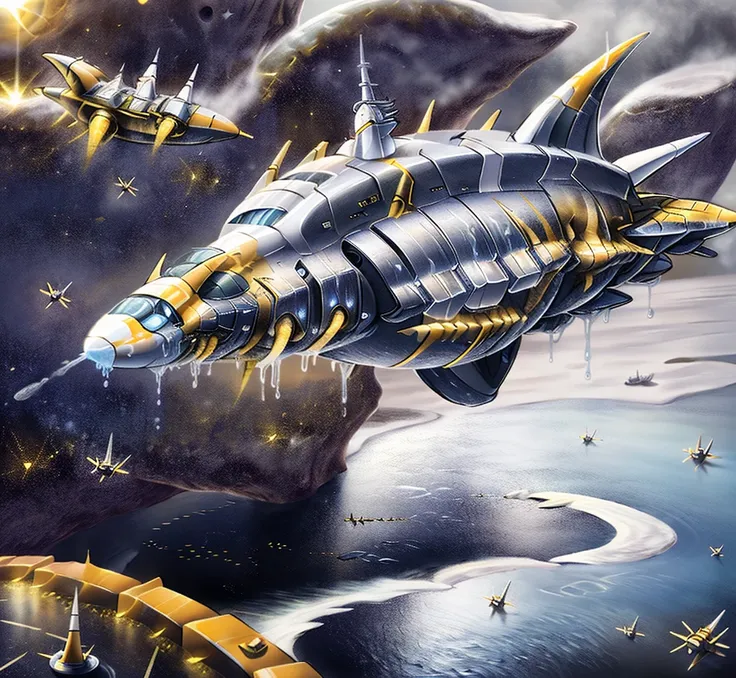 photorealistic HD digital painting of a man emerging from a liquid metal nanomachine reservoir outside an alien shipyard, liquid metal nanites coat his body as he transforms into a draconic blue gold spaceship battleship with white accents, human starship ...