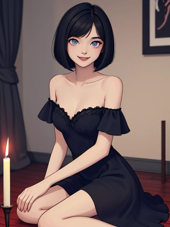 ((best quality)), ((masterpiece)), (detailed), perfect face, 1 girl, solo, teenager, black hair, bob cut, bob hair, blue eyes, smile, in a flamenco dress, off the shoulder dress, red dress, a longer body, teenager, bare shoulders, large chest, sexy sitting...