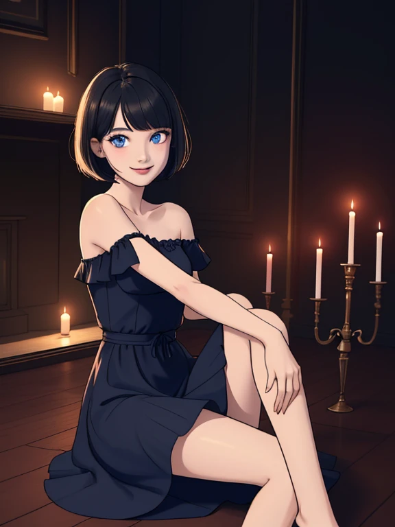 ((best quality)), ((masterpiece)), (detailed), perfect face, 1 girl, solo, teenager, black hair, bob cut, bob hair, blue eyes, smile, in a flamenco dress, off the shoulder dress, red dress, a longer body, teenager, bare shoulders, large chest, sexy sitting...