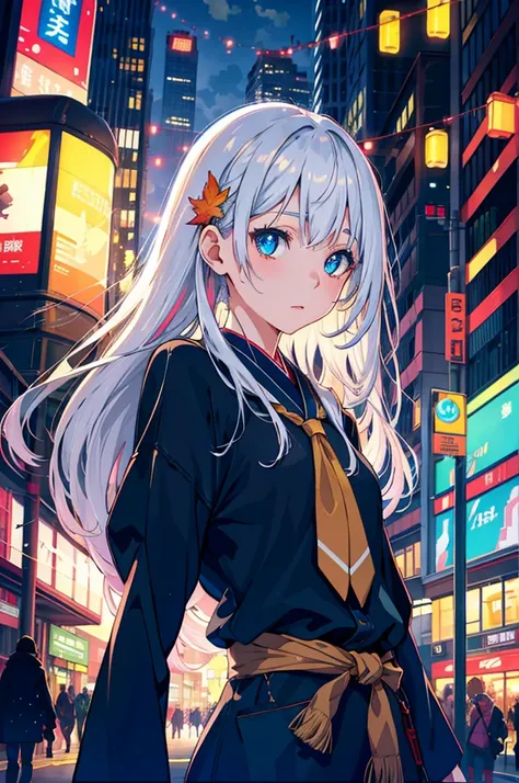 Japan, hight resolution, best qualtiy, Illustration,  ultra-detailliert, (Detailed face), (Detailed eyes), Soft lighting, Best Quality, Hazy glow, dreamy ambiance, Hyper Detailed, masutepiece, 1girl in, Solo, Silver hair, Twin-tailed、Tie the bottom part of...