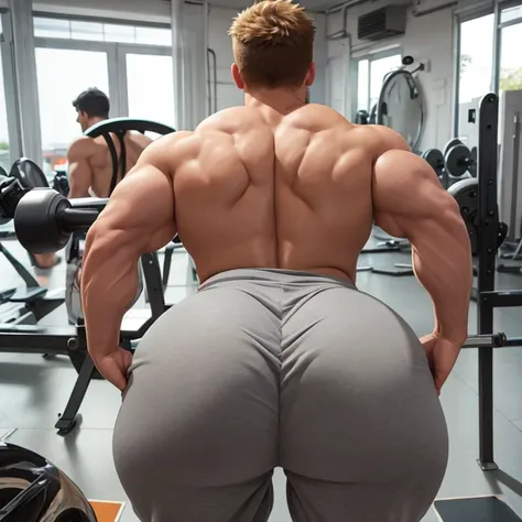 two college guys, muscular, jocks, athletic, shirtless, ginger, wearing grey sweatpants, big butt, huge ass, comically massive a...