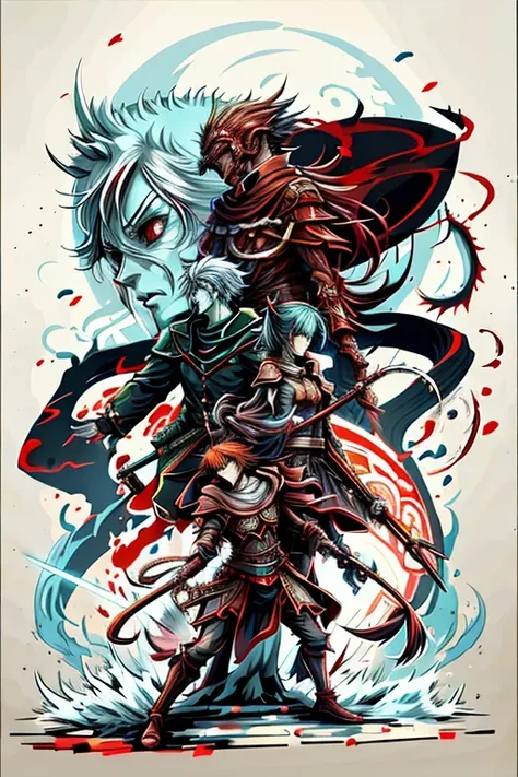 Anime character in red is fighting with sword, Rob Ray and Kentaro Miura style, Rob Ray and Kentaro Miura style, Ross Chan (Ross Tran) and Bayard Wu (Bayard Wu), Artgerm and Atey Ghailan, krenz cushart and wenjun lin, akehiko inoue and ross tran, yiqiang a...