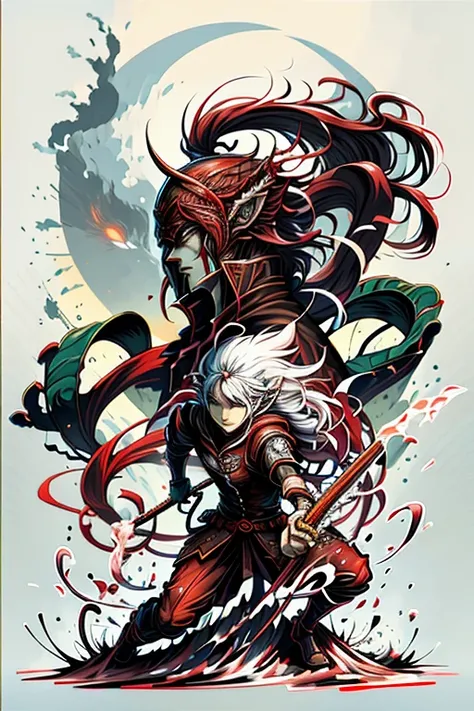 Anime character in red is fighting with sword, Rob Ray and Kentaro Miura style, Rob Ray and Kentaro Miura style, Ross Chan (Ross Tran) and Bayard Wu (Bayard Wu), Artgerm and Atey Ghailan, krenz cushart and wenjun lin, akehiko inoue and ross tran, yiqiang a...