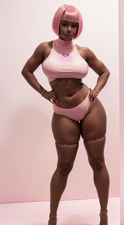 pink hair, (short bangs hair:1.36), detailed brown eyes, narrow waist, depth of field, 1girl, (on a   background:1.3), (full body:1.4), pose, big breasts, wide hips, athletic figure, ((thigh cutout:1.3):1.2), (((dark skin))), sedused pose,