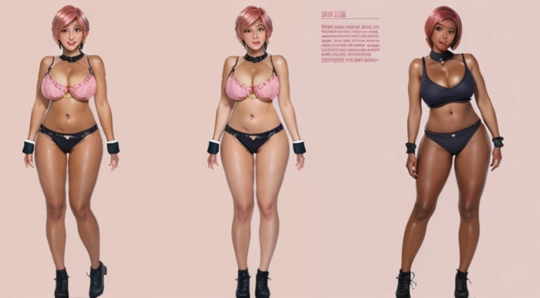 Female original character reference sheet adoptable, pink hair, (short bangs hair:1.36), brown eyes, 1girl, (full body), big Breasts, (((dark skin))),