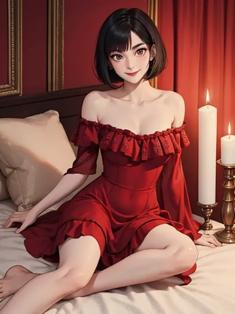 (best-quality:0.8), (best-quality:0.8), 1 girl, solo, teenager, black hair, bob cut, bob hair, red eyes, beautiful details eyes, smile, in a flamenco dress, off the shoulder dress, red dress, bare shoulders, large chest, sitting pose, and being so beautifu...