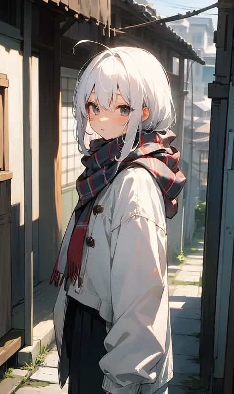 ​masterpiece、top-quality、女の子1人、white  hair、Medium Hair、kawaii、scarf、jaket、outside of house、Street、casual,ruins