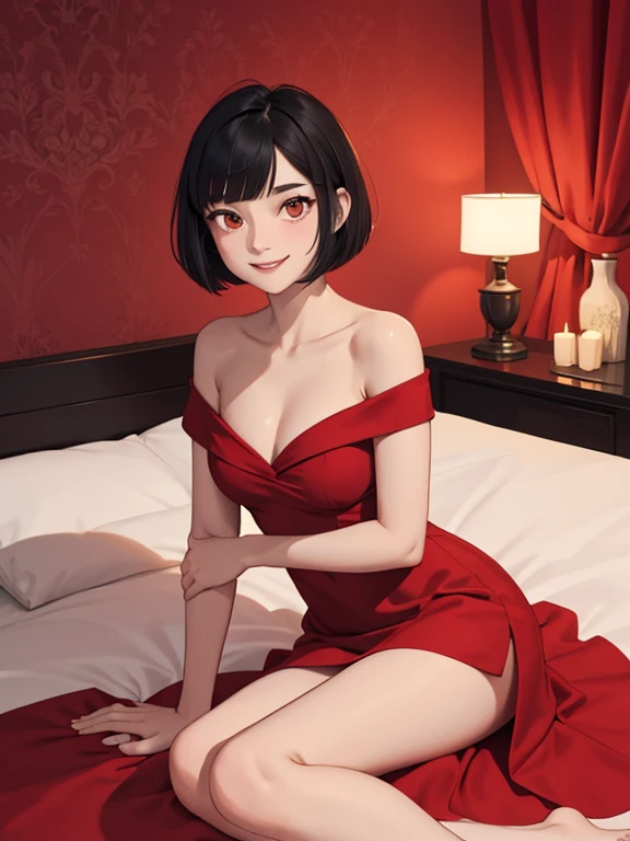 1 girl, solo, teenager, black hair, bob cut, bob hair, red eyes, beautiful details eyes, smile, in a flamenco dress, off the shoulder dress, red dress, bare shoulders, large chest, sitting pose, and being so beautiful, room background, sitting on a bed, lu...