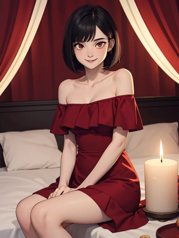 1 girl, solo, teenager, black hair, bob cut, bob hair, red eyes, beautiful details eyes, smile, in a flamenco dress, off the shoulder dress, red dress, bare shoulders, large chest, sitting pose, and being so beautiful, room background, sitting on a bed, lu...