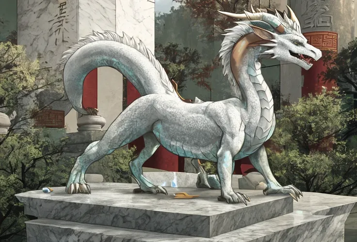 There is a terrified woman standing on all fours on a stone plinth outside of a forgotten asian temple, Her feet and hands are stuck to the plinth as they turn to stone, she morphs into an eastern dragon as her flesh petrifies into stone, human chinese dra...