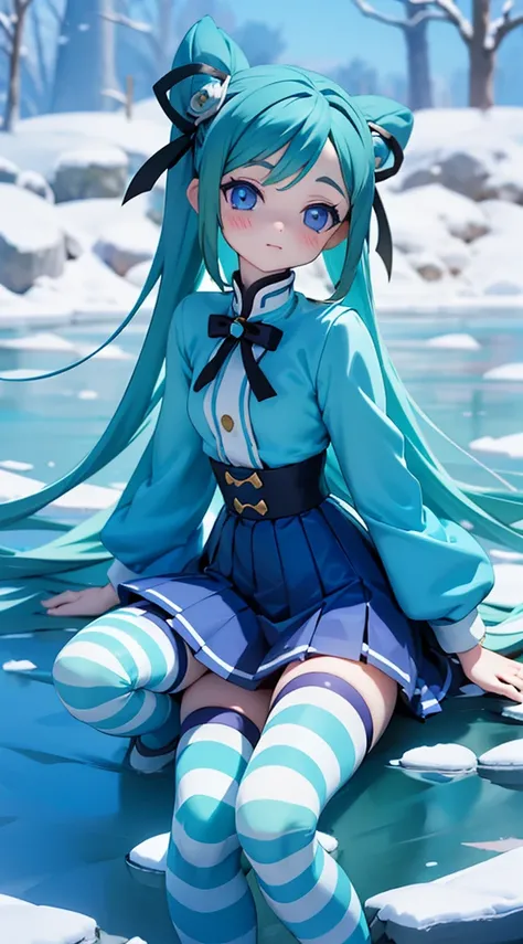 1Girl, small breast, small hips, blue ayes, blue light long hair, Kimetsu no yaiba uniform, Short skirt, Sitting near the river, striped thighhighs,,,pevert,petite,Snow hairpin