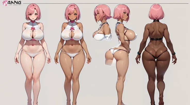 Female original character reference sheet adoptable, pink hair, (short bangs hair:1.36), brown eyes, 1girl, (full body:1.4), big Breasts, (((dark skin))),