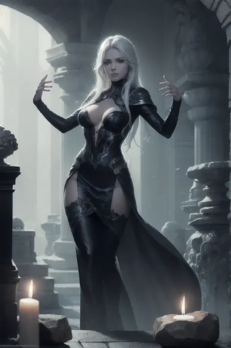 Character dnd, Drow, (Female drow with gray skin: 1. 5) and iridescent eyes, dark elf woman, white hair, fantasy art, dark colors, background gloomy stone temple altar of sacrifice spiders, Mysterious lighting, Candles, digitalart art, dramatic light, gloo...