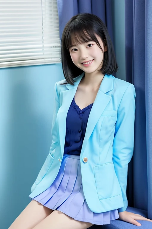 top-quality、​masterpiece、real 18 year old woman、（（Naked to blazer only））、Light blue blazer、Light blue pleated skirt、The background is a cute room、Semi-long with black hair、a smile、hight resolution、