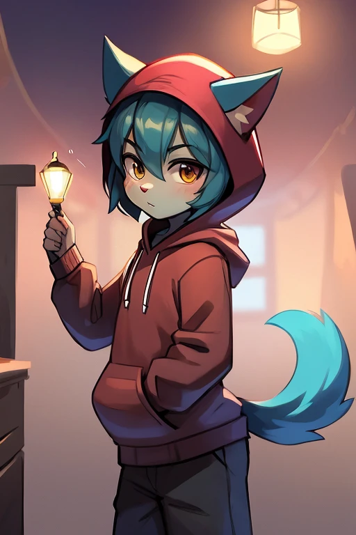 Ghost cat boy wearing bug hoodie standing under swaying lamp