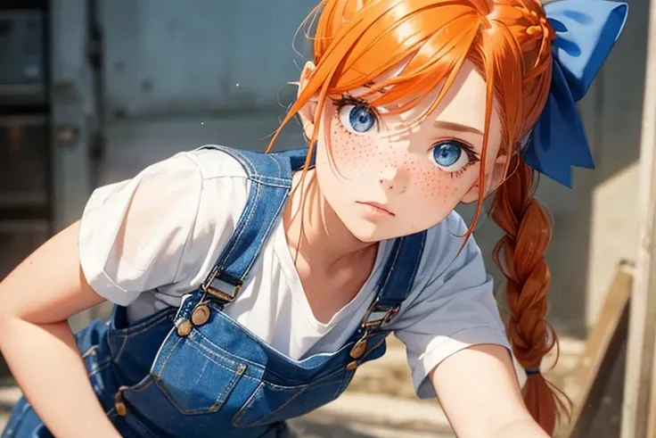 Tomboy girl, blue eyes, orange hair, small breasts, blue overalls, white undershirt, long braided ponytail, large white bow at base of ponytail, no bangs, bangs pulled back, freckles, large white bow in hair, inspired by Ann from Harvest Moon, gorgeous, to...