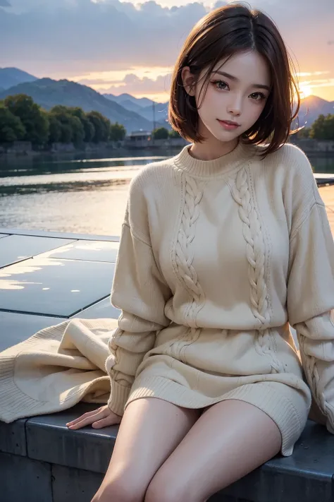 Best quality at best, 超k hd, (realisticlying:1.4),Sunset sun, 1 girl, 21yo ,(grin face), freckle ,(brunette color hair, short detailed hair: 1.ony tails, realisticlying的眼睛, (realisticlying的皮肤), (Sweaters), detailed photograph, sexy for, filmgrain, low-cont...