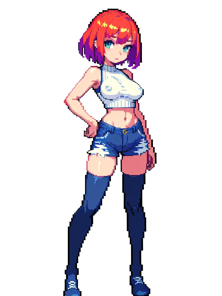 (masterpiece, top quality, best quality, less detail, 8-bit color), pixel,pixel art,1girl, fullbody, smack studio, separate body for edit, (denim shorts), (crop sweater), (covered nipples), (thighhighs), (shoes)