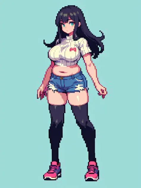 (masterpiece, top quality, best quality, less detail, 8-bit color), pixel,pixel art,1girl, fullbody, smack studio, separate body for edit, (fat:1.4), (denim shorts), (crop sweater), (thighhighs), (shoes)