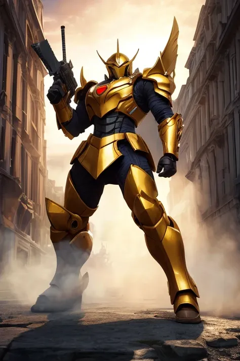 机器人　mechs　golden colored　spartan style　Light armor　mechsニカルヘッド　Equipped with a laser spear on the right hand　Equipped with a small shield on the left hand　Character erasure　Background Removal