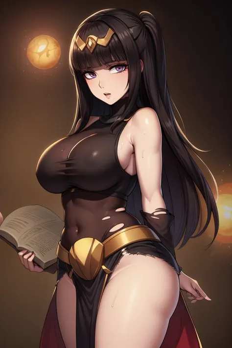 ((extreme detail)),(ultra-detailed), extremely detailed CG  3d unity 8k wallpaper, tharja, (colored skin, white skin:1.2), (large breasts), gold loincloth, gold-lined bodystocking, gold hairband, gold collar, holding book, ((torn clothes)), looking at view...