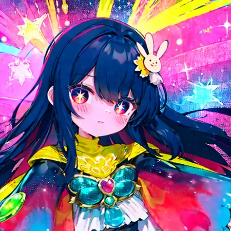 Girl with long hair, a lot of accessories, big eyes, different colored eyes, different pupils, sparkles, vibrant colors, stickers, bust up, hand poses