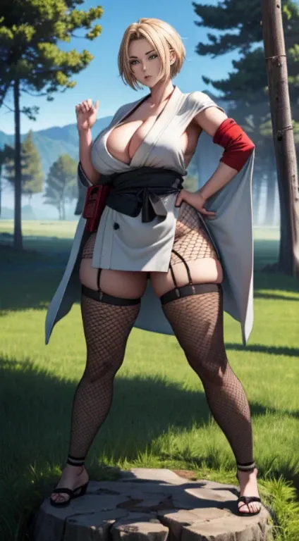 Samui from naruto, 1girl, western girl, solo, (huge titusty, thiccture perfect, short blonde hair, tall girl, large eyes, anime eyes, both hands have same size, both eyes have same sizes, beautiful lady fingers size, wearing sexy gray and white ninja outfi...