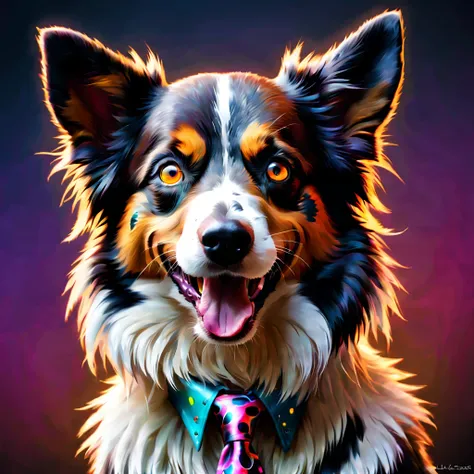 Steampunk style art design, Digital effects, spatter, Eau, firey, lamp lights, paint spatter, 3d effect, arafed doggy with a colorful tie dye on its face, digital art critters photo, critters portrait, happy eautiful doggy head, border collie, (Hefty Smile...