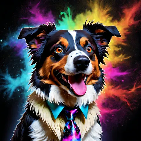 Steampunk style art design, Digital effects, spatter, Eau, firey, lamp lights, paint spatter, 3d effect, arafed doggy with a colorful tie dye on its face, digital art critters photo, critters portrait, happy eautiful doggy head, border collie, (Hefty Smile...