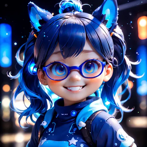 (closeup of face: 1.8), 3D character rendering，((1 girl，Blue double ponytail，Laugh))，((Hairstyling design：Brilliant deep blue，添加一些with light glowing的元素头饰，Such as orange photoelectric glasses or head-mounted displayacial design：在面部装饰上添加一些with light glowing线...