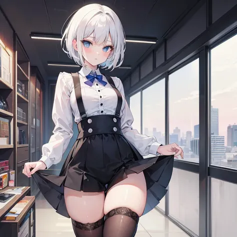 Best Quality, Master piece, art, White hair girl, short hair, thick thighs, stockings, shorts