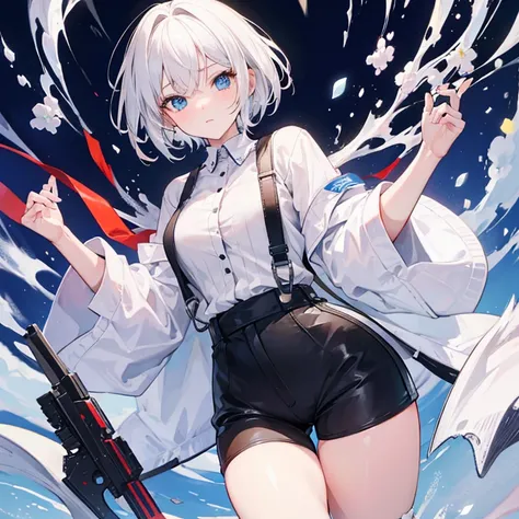 Best Quality, Master piece, art, White hair girl, short hair, thick thighs, stockings, shorts