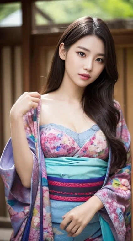 A woman with the same face as last time，４Ｋ、１Man Woman、Slender Abs、coming to jinja、furisode、kimono,wearing a kimono 1:2、wearing Japanese kimono、wearing braless、Open the chest、captivating and enticing、full body Esbian.Attractive position、 Including face and ...