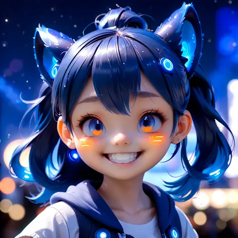 (closeup of face: 1.8), 3D character rendering，((1 girl，Blue double ponytail，Laugh))，((Hairstyling design：Brilliant deep blue，添加一些with light glowing的元素头饰，Such as orange photoelectric glasses or head-mounted displayacial design：在面部装饰上添加一些with light glowing线...