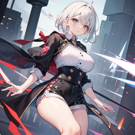 Best Quality, Master piece, art, White hair girl, short hair, thick thighs, stockings, shorts, Big tits, Big Thighs