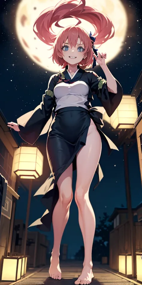 (Best quality, 4k, Masterpiece :1.3), full body standing symmetrical barefoot beautiful woman, hyper realistic, from below
kusakabe, yukata, festival, night,
1girl, laughing,
Girl,A half body,Dilated yin,Be red in the face,