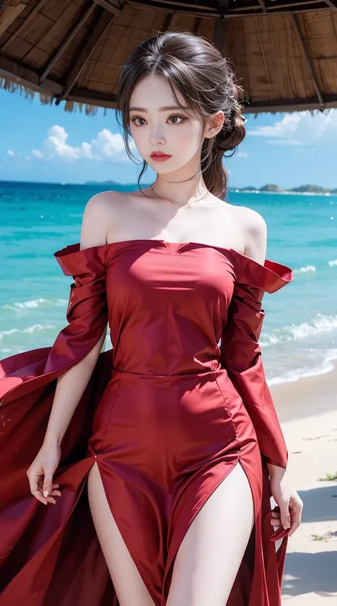 8K Ultra HD, masutepiece, girl with, Beautiful face, Detailed eyes, Detailed Rip, Very long sea, Robe Dress, red Robe Dress, highlight, Sunny weather, Blur effect, Full body capture,