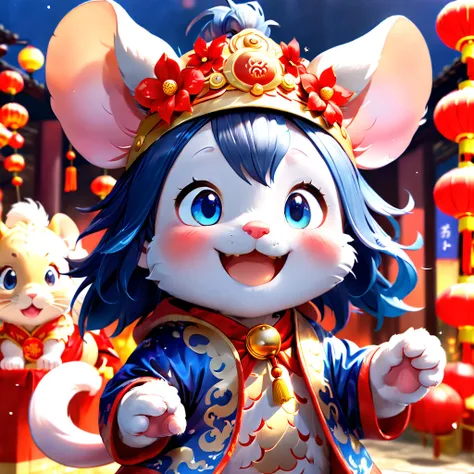 (closeup of face: 1.8), 3D character rendering，(personification:1.5), ((1 cute mouse，Laugh))，((Hairstyling design：Brilliant deep blue，添加一些with light glowing的元素头饰，Wearing a Chinese lion head hat))，((facial design：在面部装饰上添加一些with light glowing线条或橙色 LED 灯光效果，L...