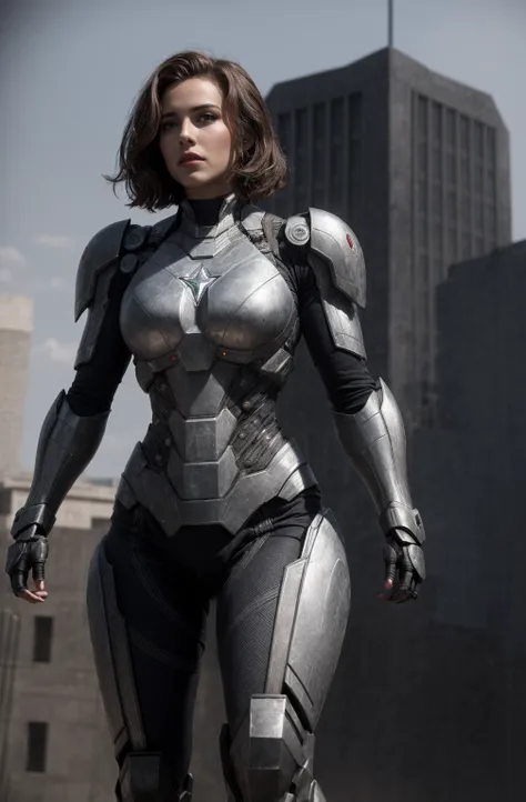 a picture of a busty female war machine from marvel, metallic armor textures, short brunette bob hair, in front of the pentagon,...