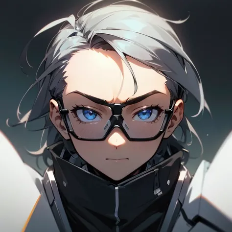 (High quality, 4K, HDR) a man, black and white middle-parted hair, protective glasses, aesthetic, close-up point of view, front facing, Anime