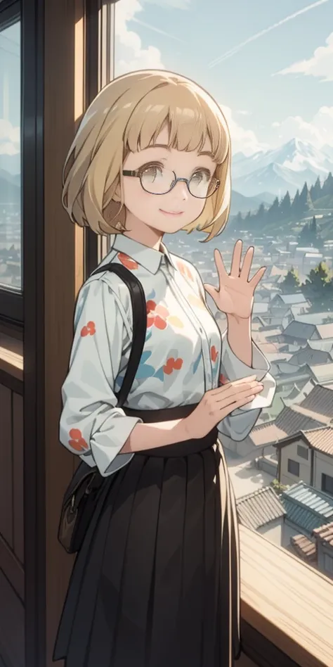 Clear. You can see the mountains in the distance. The gassho-style townscape of Okuhida. Emily, waving her right hand from afar and smiling widely, is a 13-year-old French girl. Wavy short-cut hair mixed with brown and blonde, straight bangs, beauty with g...