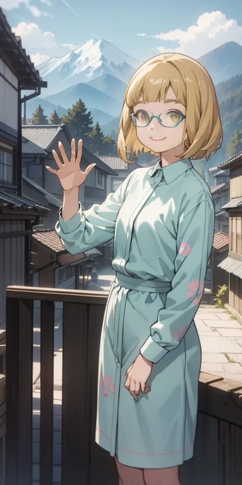 Clear. You can see the mountains in the distance. The gassho-style townscape of Okuhida. Emily, waving her right hand from afar and smiling widely, is a 13-year-old French girl. Wavy short-cut hair mixed with brown and blonde, straight bangs, beauty with g...