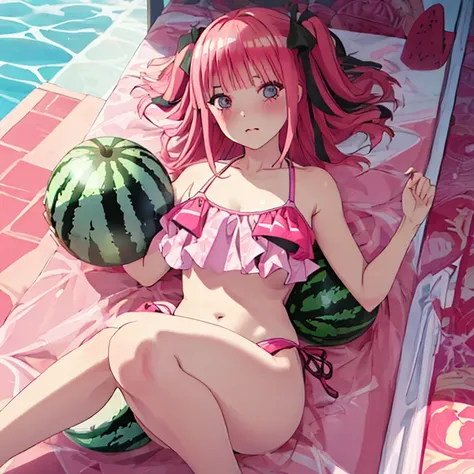 {Best Quality}, {very aesthetic}, {Ultra-detailed}, {Best Illustration}, Watermelon pattern swimsuit, The bikini, Pink hair